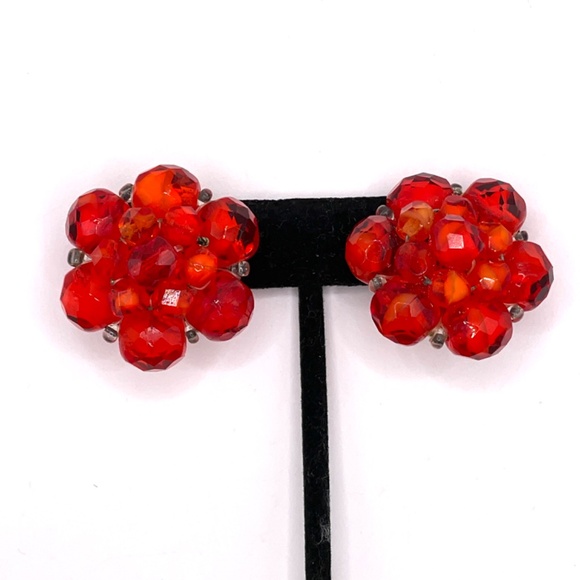 West Germany Signed Vintage Red Crystal Bead Clip-on Earrings - Picture 4 of 13